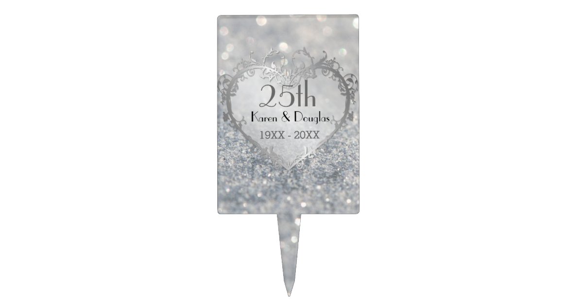 Sparkle Silver Heart 25th Wedding Anniversary Cake Topper Zazzle Com