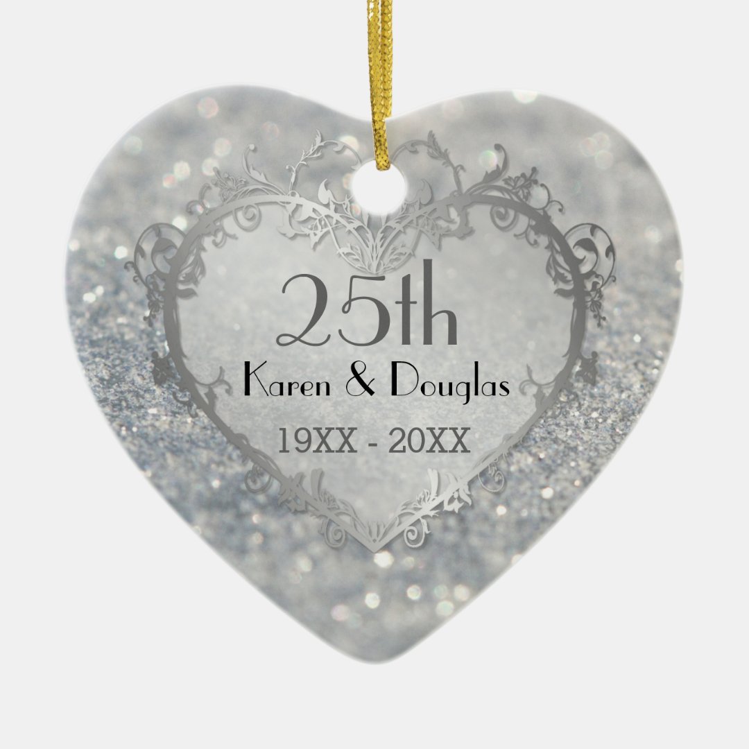 Sparkle Silver Heart 25th Wedding Anniversary Ceramic Ornament | Zazzle