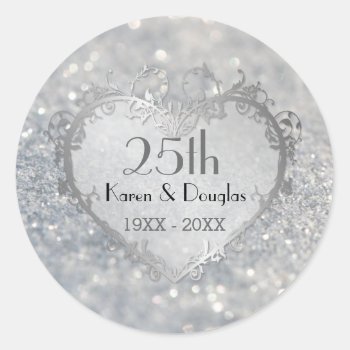 Sparkle Silver Heart 25th Wedding Anniversary Classic Round Sticker by SpiceTree_Weddings at Zazzle