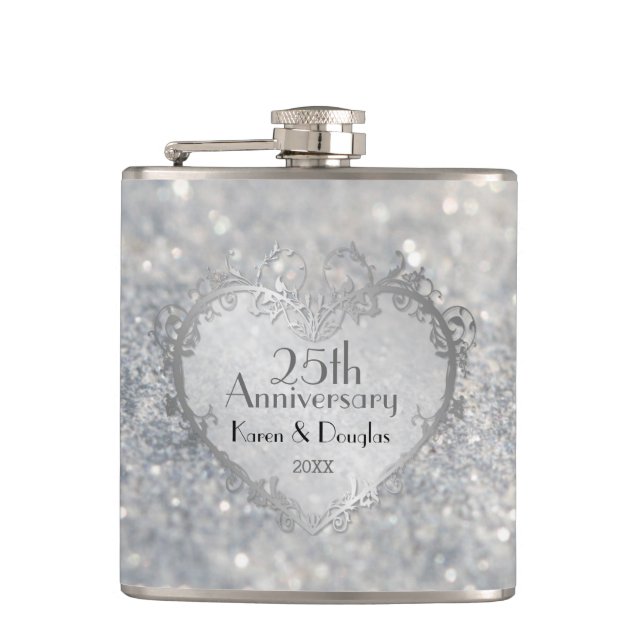 Sparkle Silver Heart 25th Wedding Anniversary Flask (Front)