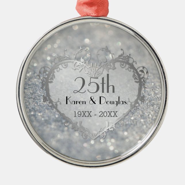 Sparkle Silver Heart 25th Wedding Anniversary Metal Ornament (Front)
