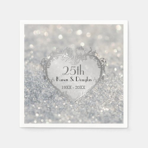 Sparkle Silver Heart 25th Wedding Anniversary Napkins