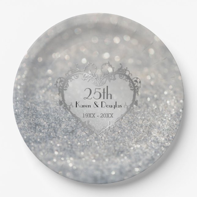 Sparkle Silver Heart 25th Wedding Anniversary Paper Plates (Front)