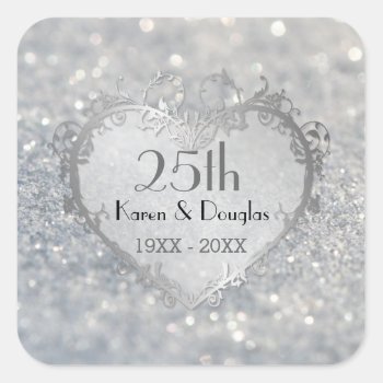 Sparkle Silver Heart 25th Wedding Anniversary Square Sticker by SpiceTree_Weddings at Zazzle