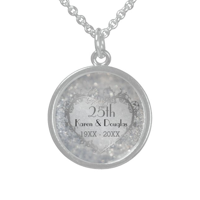 Sparkle Silver Heart 25th Wedding Anniversary Sterling Silver Necklace (Front)