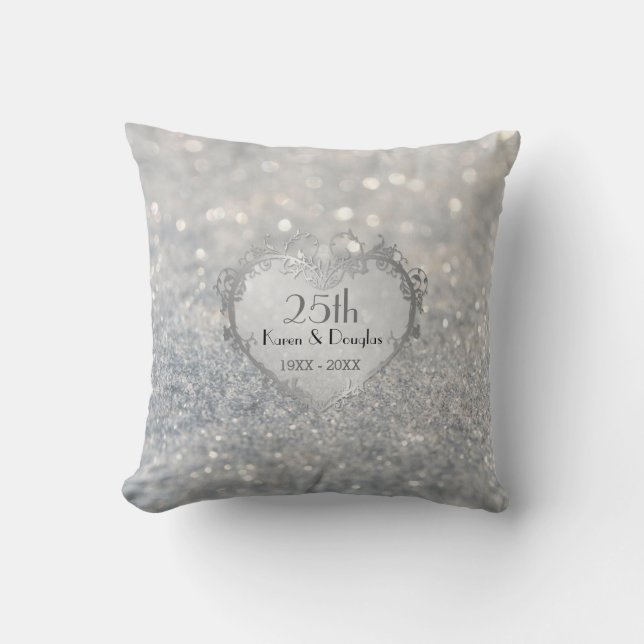Sparkle Silver Heart 25th Wedding Anniversary Throw Pillow (Front)