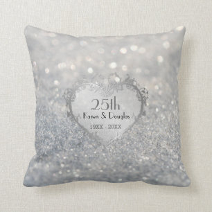 Sparkle Silver Heart 25th Wedding Anniversary Throw Pillow