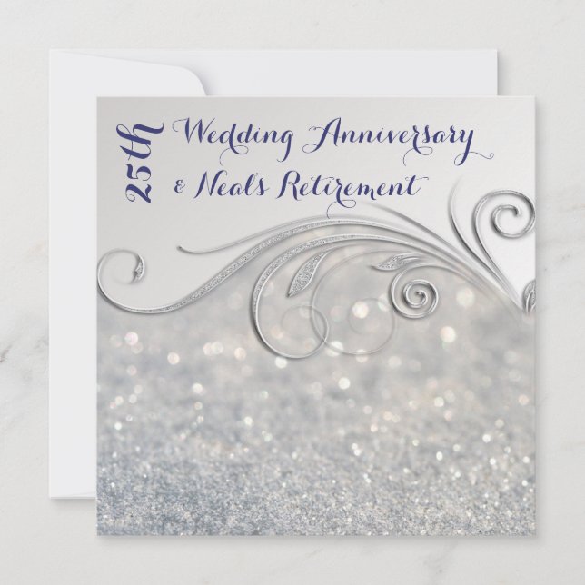 Sparkle Silver-IndigoText 25th Wedding Anniversary Invitation (Front)