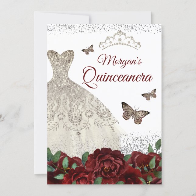 Sparkle Silver Jewel Dress Butterfly Quinceanera Invitation (Front)