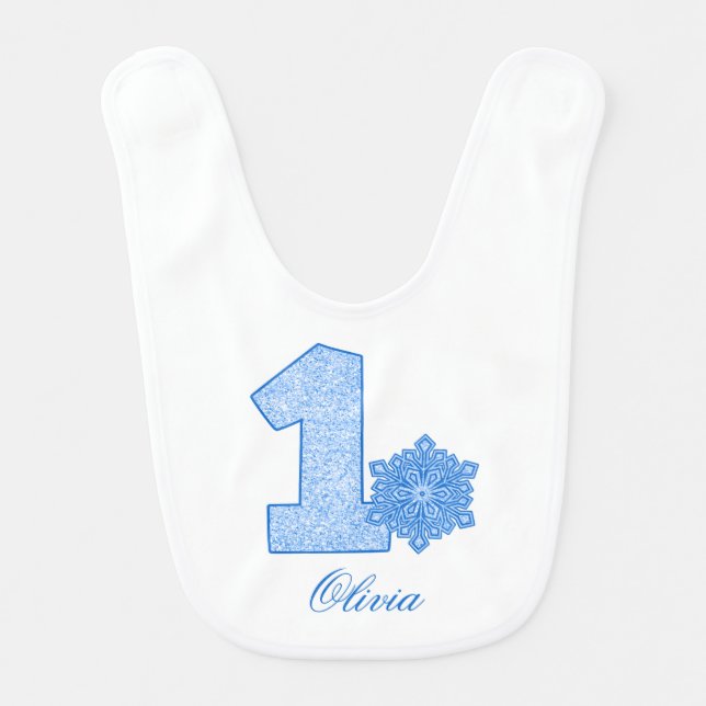 Sparkle Snowflake Blue 1st Birthday Personalized Bib (Front)