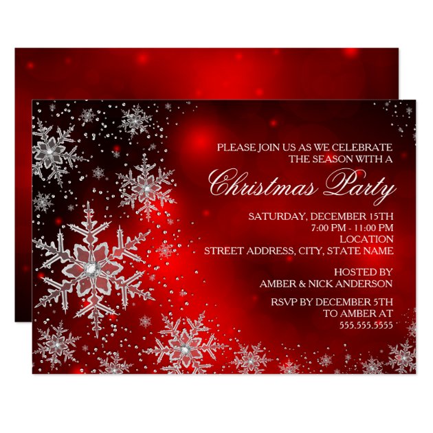 Sparkle Snowflake Red Christmas Party Invite