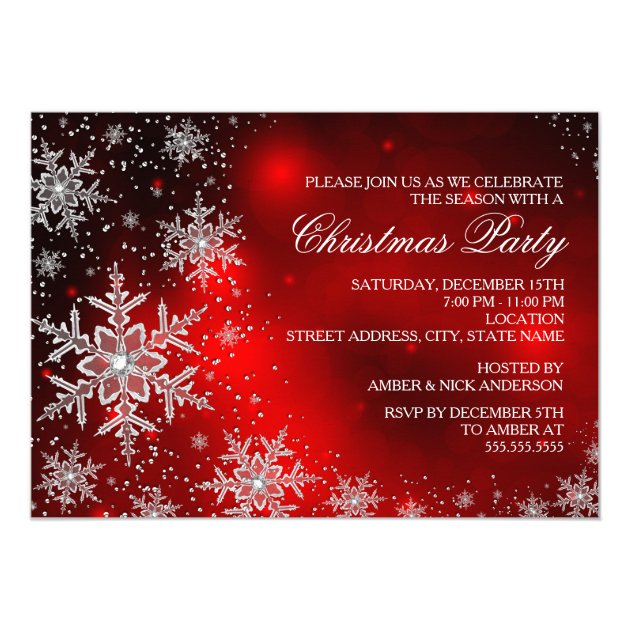 Sparkle Snowflake Red Christmas Party Invite