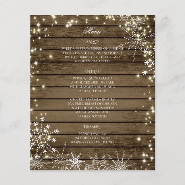Sparkle Snowflakes and Barn Wood Wedding Menu (Front)