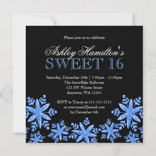 Sparkle Snowflakes Blue Sweet 16 Winter Wonderland Custom Announcements