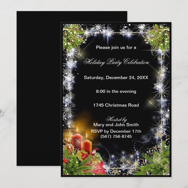 Sparkle Snowflakes Candles Pine Christmas Party Invitation (Front/Back)