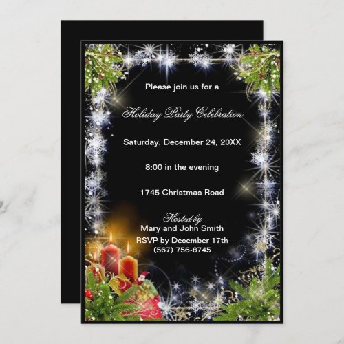Sparkle Snowflakes Candles Pine Christmas Party Invitation