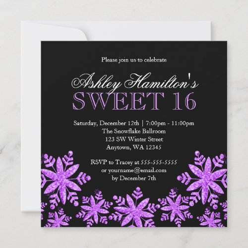 Sparkle Snowflakes Purple Sweet 16 Winter Invitation