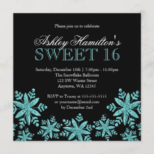 Sparkle Snowflakes Teal Sweet 16 Winter Wonderland Invitation