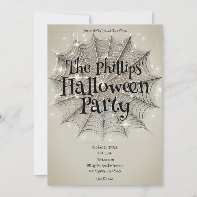 Sparkle Spiderweb Whimsical Tan Halloween Party Invitation (Front)
