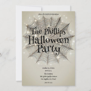 Sparkle Spiderweb Whimsical Tan Halloween Party Invitation