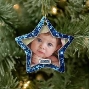 Sparkle Star Blue/Silver Photo Ceramic Ornament