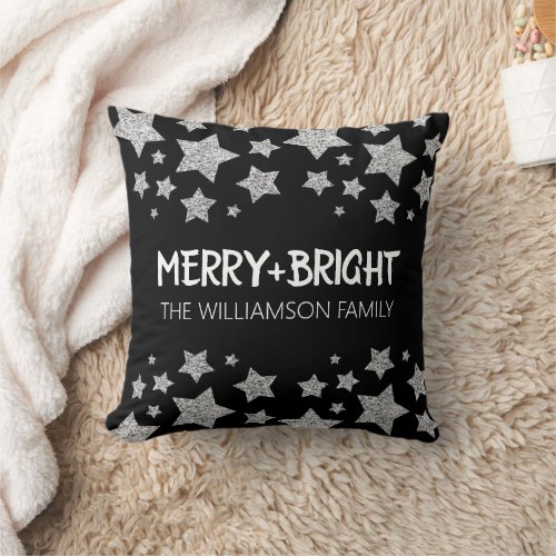 Sparkle Star Merry bright Christmas silver black Throw Pillow