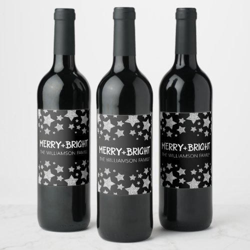 Sparkle Star Merry bright Christmas silver black Wine Label