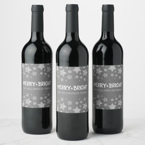 Sparkle Star Merry bright Christmas silver gray Wine Label