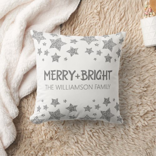 Sparkle Star Merry bright Christmas silver white Throw Pillow