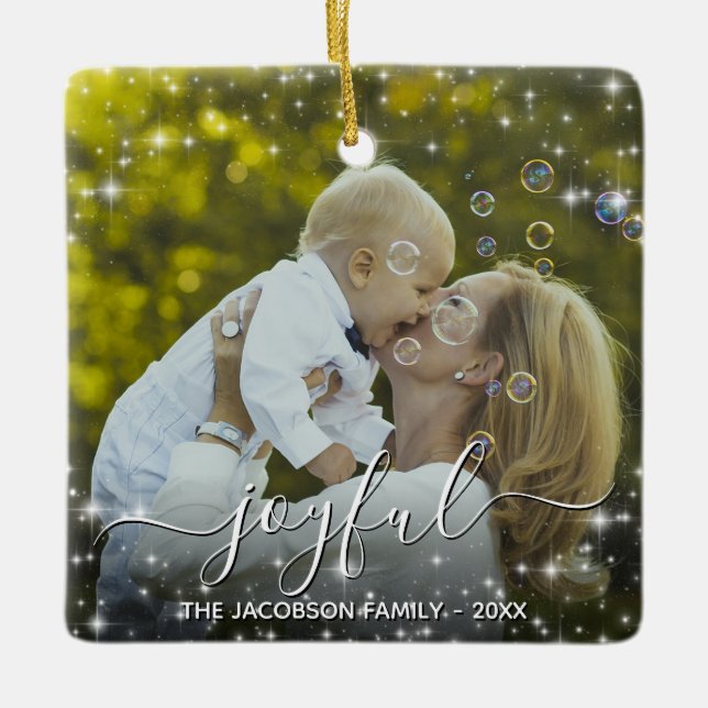 Sparkle Stars Photo Overlay Joyful Christmas Ceramic Ornament (Front)