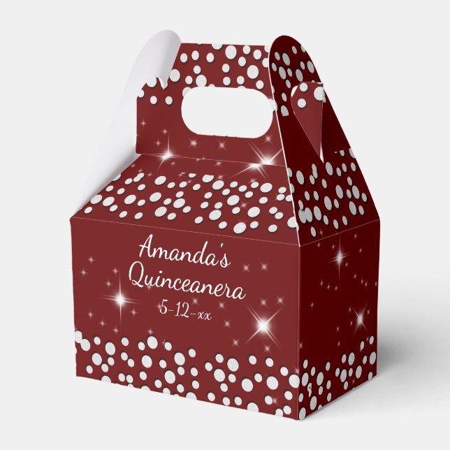  Sparkle Stars Silver Dots Red Quinceanera Favor Boxes (Front Side)