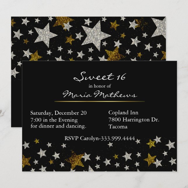 Sparkle Stars Sweet 16 Birthday Invitation (Front/Back)