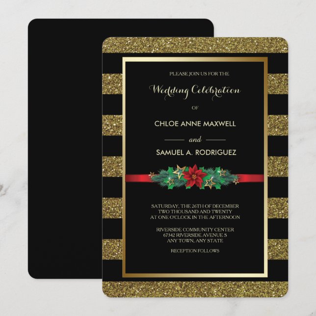 Sparkle Stripe Christmas Poinsettia Wedding Invite (Front/Back)