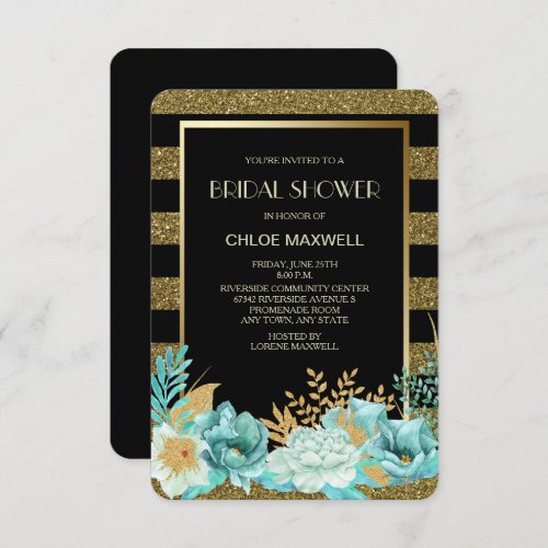 Sparkle Stripe Gold Mint Floral Bridal Shower Invitation