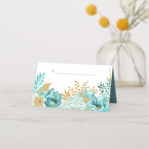 Sparkle Stripe Gold Mint Floral Wedding Place Card