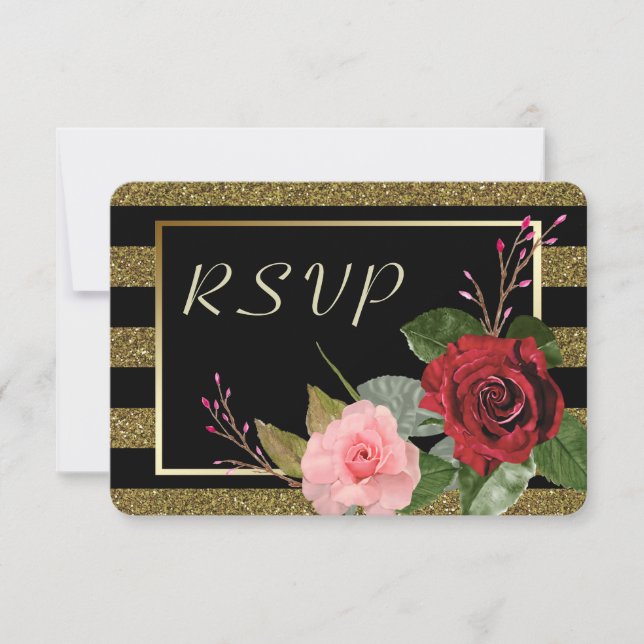 Sparkle Stripe Pink Red Roses Wedding RSVP Card (Front)