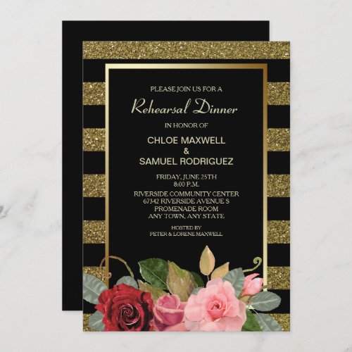 Sparkle Stripe Rose Wedding Rehearsal Dinner Invitation