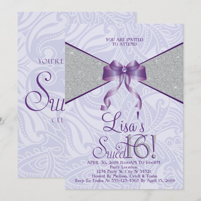 Sparkle Sweet Sixteen, Glitter Invitations (Front/Back)