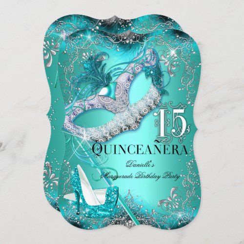 Sparkle Teal Masquerade Quinceanera Birthday Invitation