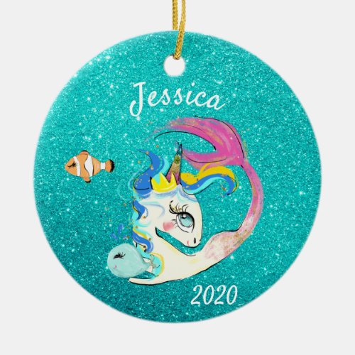 Sparkle Teal Mermaid Unicorn Personalized glitter Ceramic Ornament