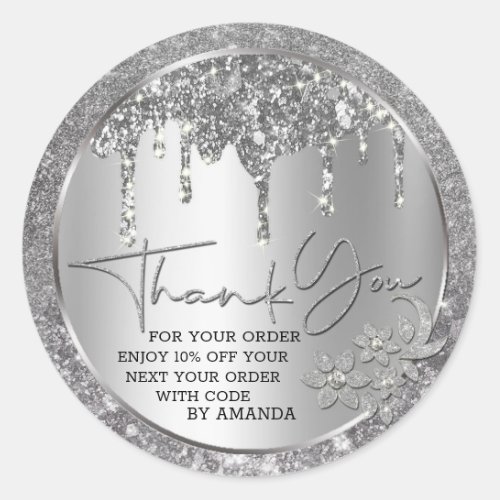 Sparkle Thank You Silver Dripping Glitter Classic Round Sticker