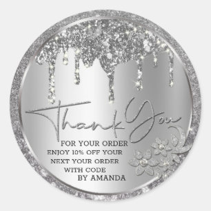 Sparkle Thank You Silver Dripping Glitter Classic Round Sticker