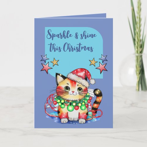 Sparkle this Christmas cute cat stars blue Holiday Card