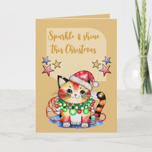 Sparkle this Christmas cute cat stars gold Holiday Card