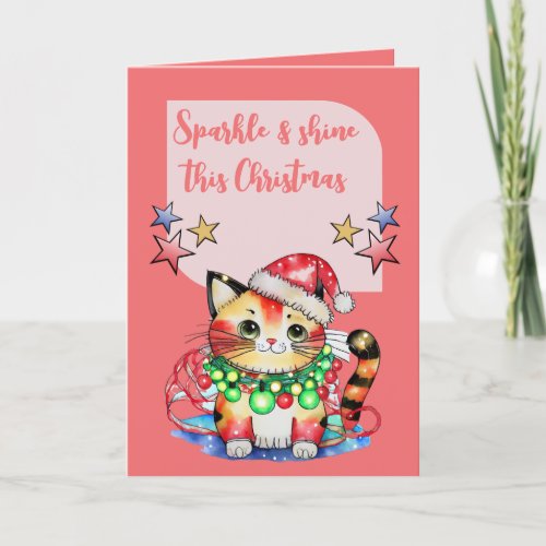Sparkle this Christmas cute cat stars pink Holiday Card