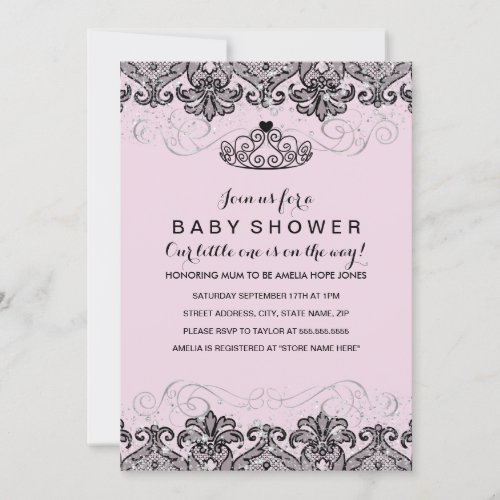 Sparkle Tiara Damask Girl Baby Shower Invite