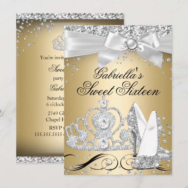 Sparkle Tiara Heels Gold Sweet 16 Invitation (Front/Back)