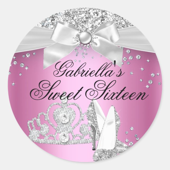 Sparkle Tiara & Heels Pink Sweet 16 Sticker (Front)