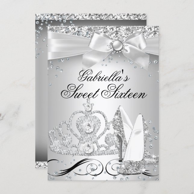 Sparkle Tiara Heels Silver Sweet 16 Invite (Front/Back)