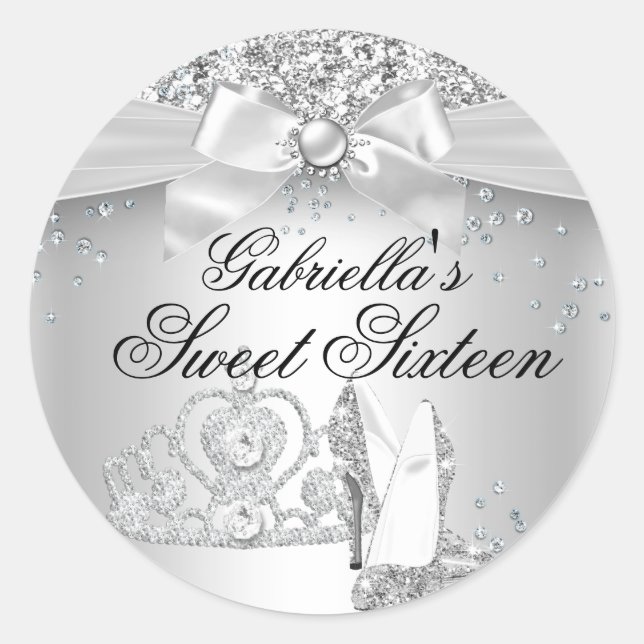 Sparkle Tiara & Heels Silver Sweet 16 Sticker (Front)
